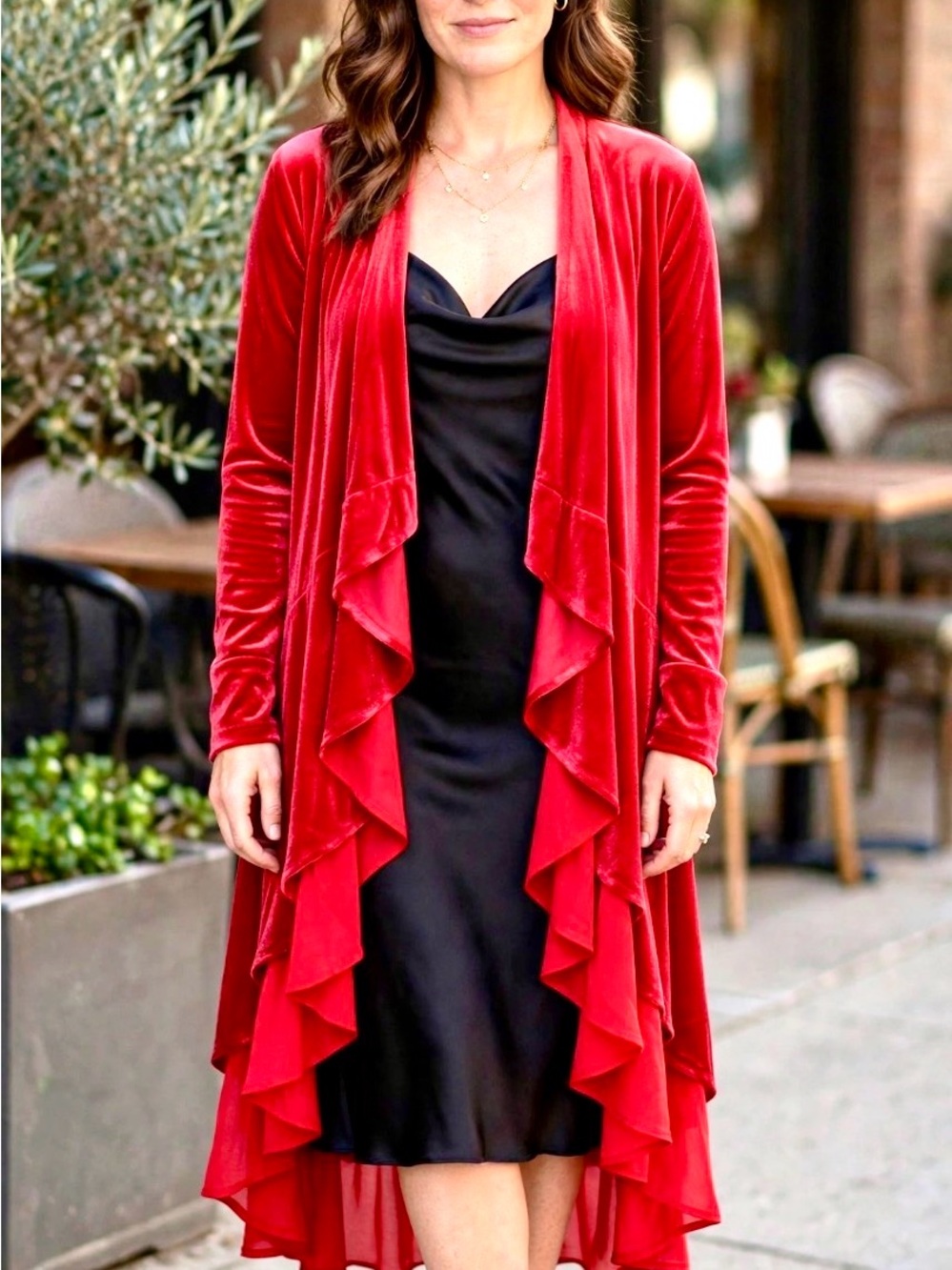 Kate & Mallory Red Velvet Ruffle-Front Long Cardigan
